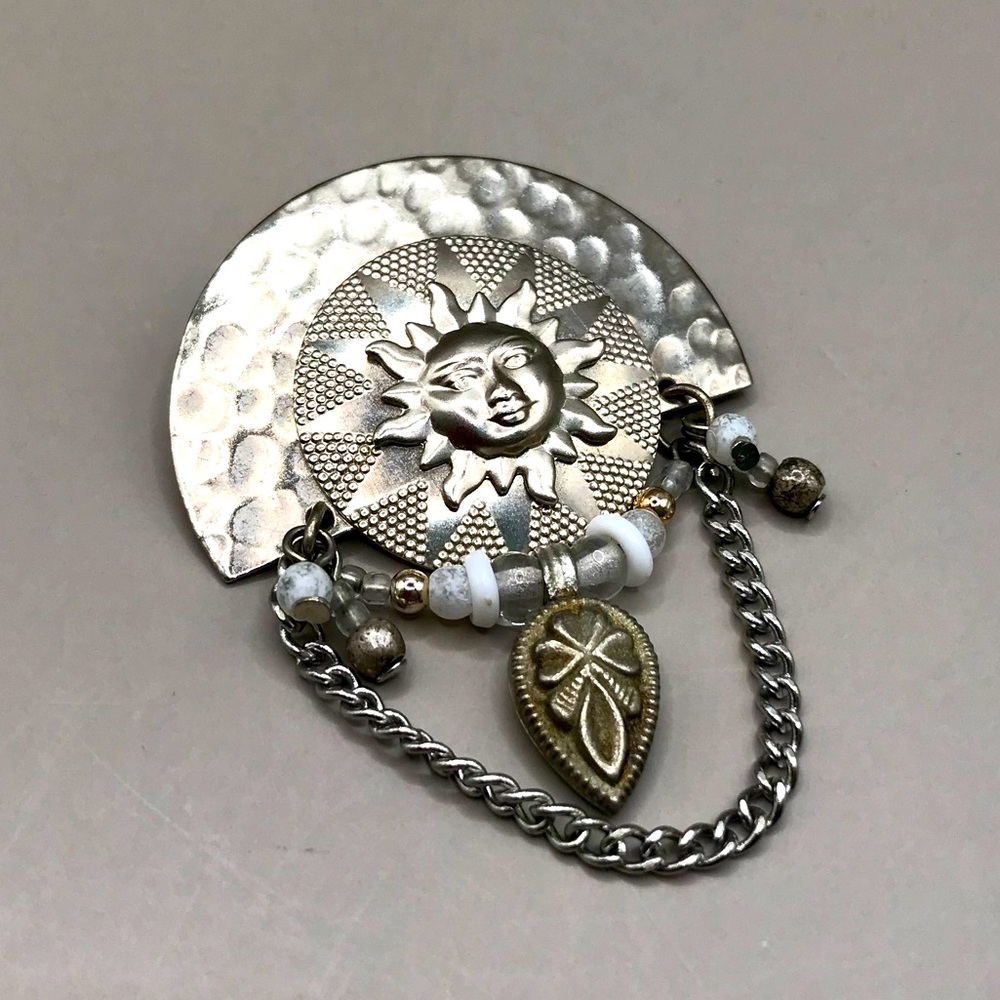 Vintage Cara Stimmel Silver-Tone Sun Brooch with Beads & Chain Accents